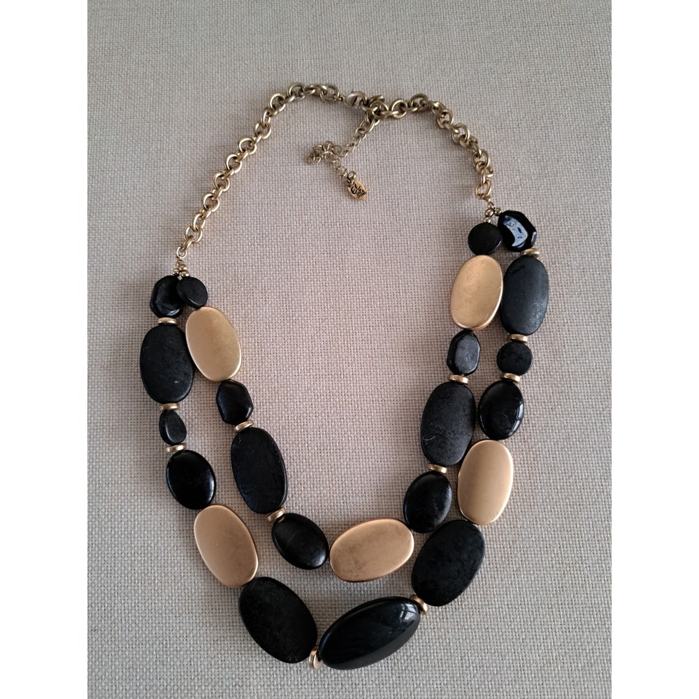 Erica Lyons Double Strand Statement Necklace Black Gold Tone Oval Bead Bib